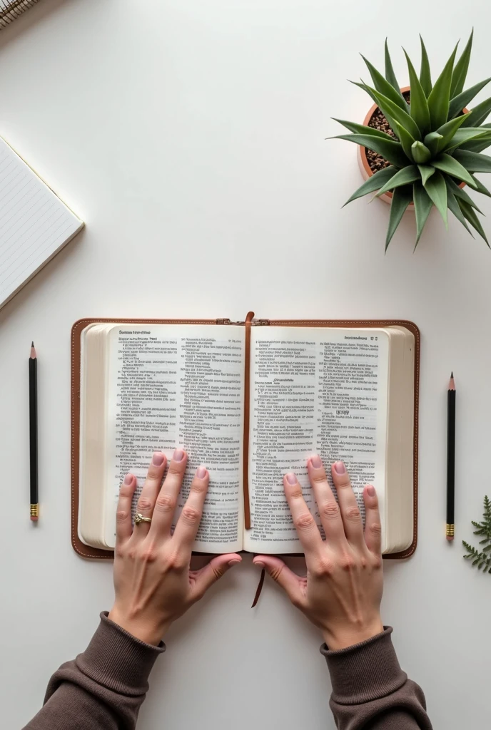 Open bible centered on white desk with pencil on the sides and notebook next to it, hands of a person with a study attitude, aerial view