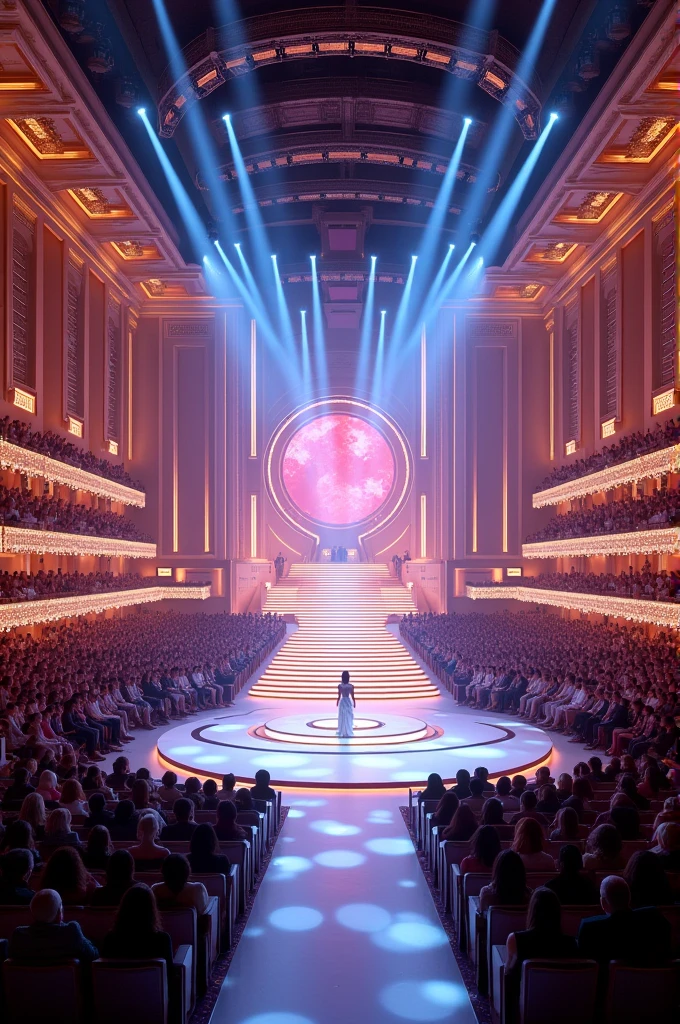 Make me a big Miss Universe 2024 stage with capacity for 130 contestants well lit with many people around