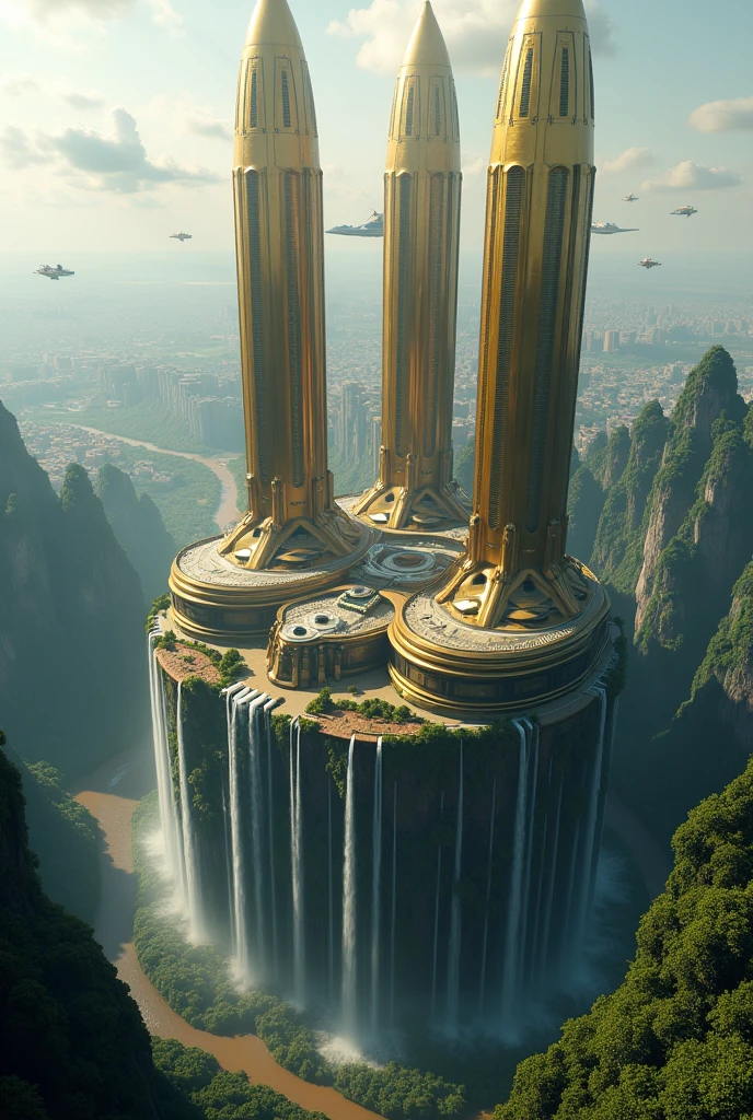 a futuristic city, there are twin towers of Kuala Lumpur on a floating island, there is a river and a waterfall on the island, the water is falling down, below there is a thick forest and a river, many futuristic epic scifi vehicles are flying towards the city from various directions, polished gold , weird, epic scifi city outside the multiverse, top view