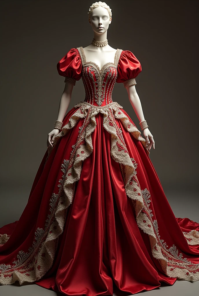 Striking red imperial dress with lace, embroideries, pearls and gemstones. Voluminous skirt supported by a petticoat. defined waist, puff sleeves, and cut into heart or square
