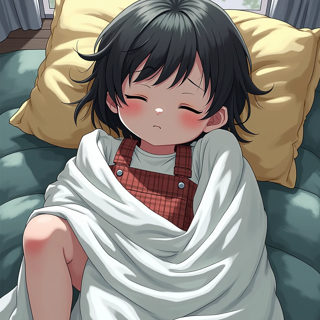 (child),(masterpiece,Top quality),sleeping in bed,plaid mini skirt,black hair,night,night scene,Sleeping in a bad position