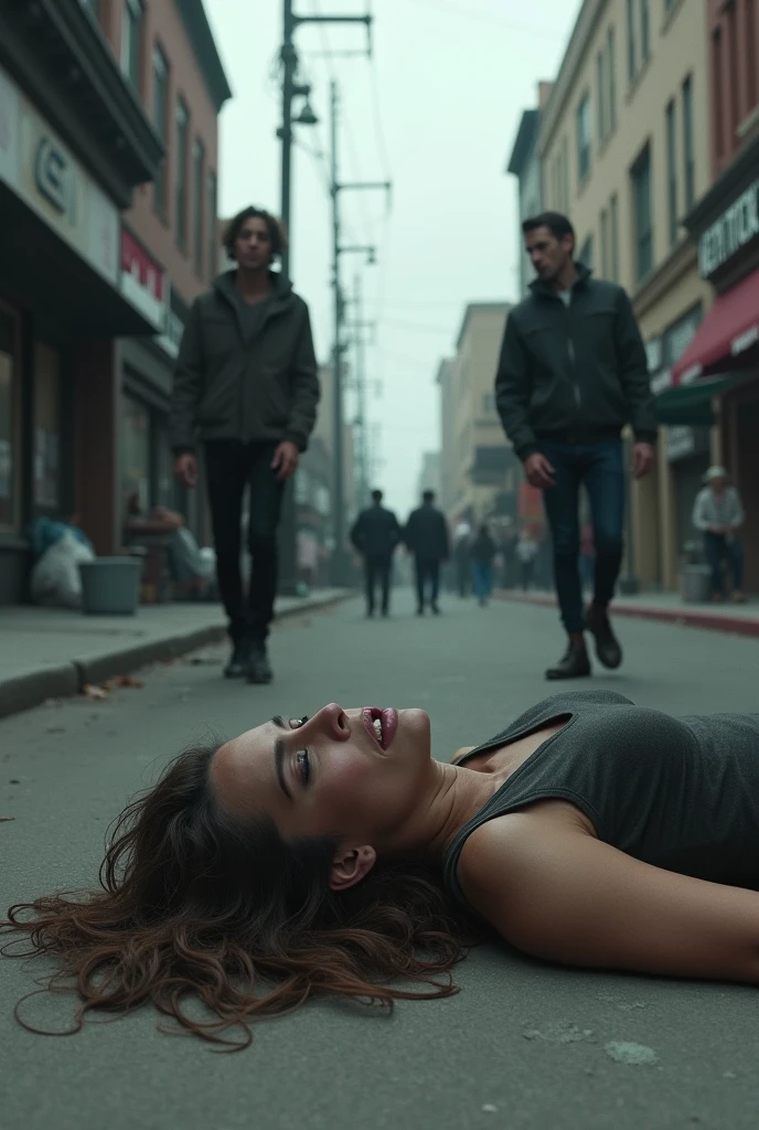 image of human despair and madness, with drugs of woman on the streets of skid row in california LA. With people passing by calmly, fentanyl is spreading through the veins 
