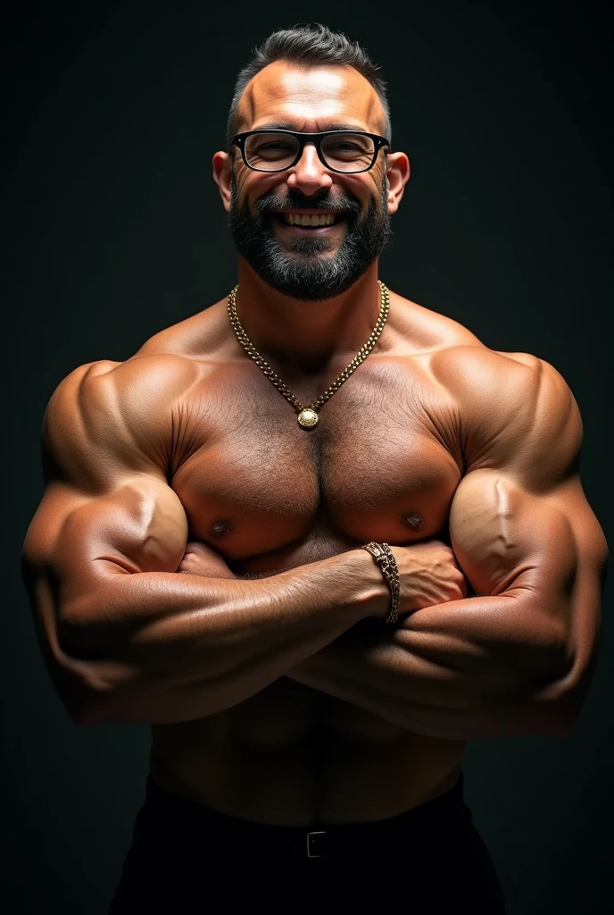 Wild muscle man, (40 year old dad:1.1), Chico 1, alone, Grey Hair (Black dress shirt), (Big shoulders), Muscle tissue, Nargon, Stubble, Short Beard, Cute eyes:1.3, ), (Detailed face:1.3), Wearing glasses, smile, Dynamic Angle, Volumetric lighting, (Highest quality, High resolution, Realistic), Cinema Lighting, masterpiece, Raw photo, Intricate details, High resolution, whole body, Tight jeans ,Cross your arms、Gold Necklace、Gold Bracelet、Huge pectoral muscles、Giant Arms、glare、darkness