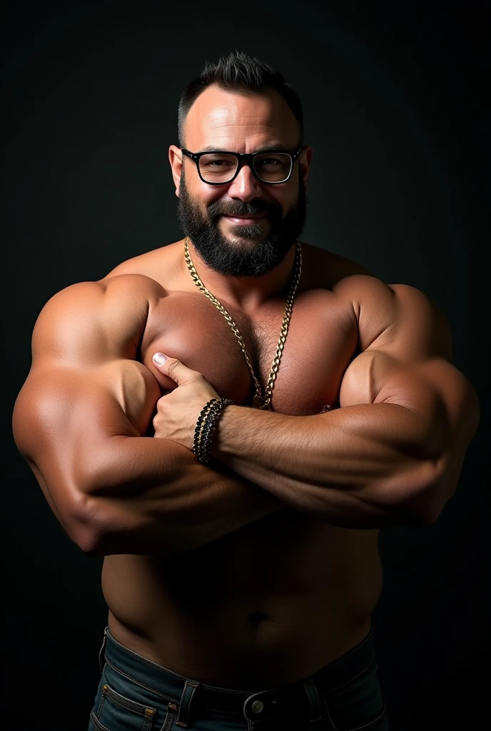 Wild muscle man, (40 year old dad:1.1), Chico 1, alone, Grey Hair (Black dress shirt), (Big shoulders), Muscle tissue, Nargon, Stubble, Short Beard, Cute eyes:1.3, ), (Detailed face:1.3), Wearing glasses, smile, Dynamic Angle, Volumetric lighting, (Highest quality, High resolution, Realistic), Cinema Lighting, masterpiece, Raw photo, Intricate details, High resolution, whole body, Tight jeans ,Cross your arms、Gold Necklace、Gold Bracelet、Huge pectoral muscles、Giant Arms、glare、darkness