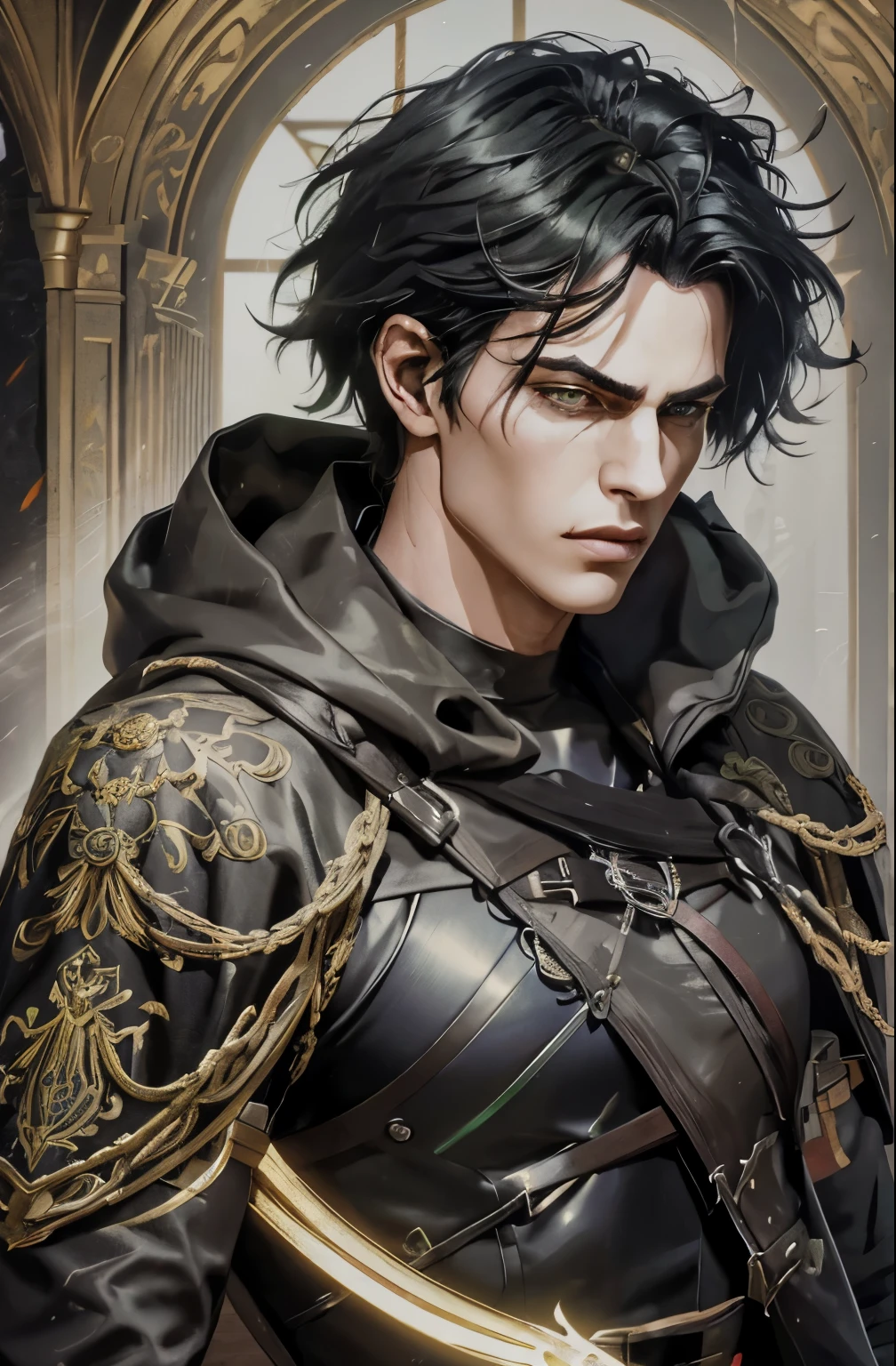 (an androgynous male assassin:1.1),wild black hair,green eyes,slim,black assassin clothing,in a castle,medium:oil painting,detailed background,moody lighting,vivid colors,dark and mysterious ambiance,ominous atmosphere