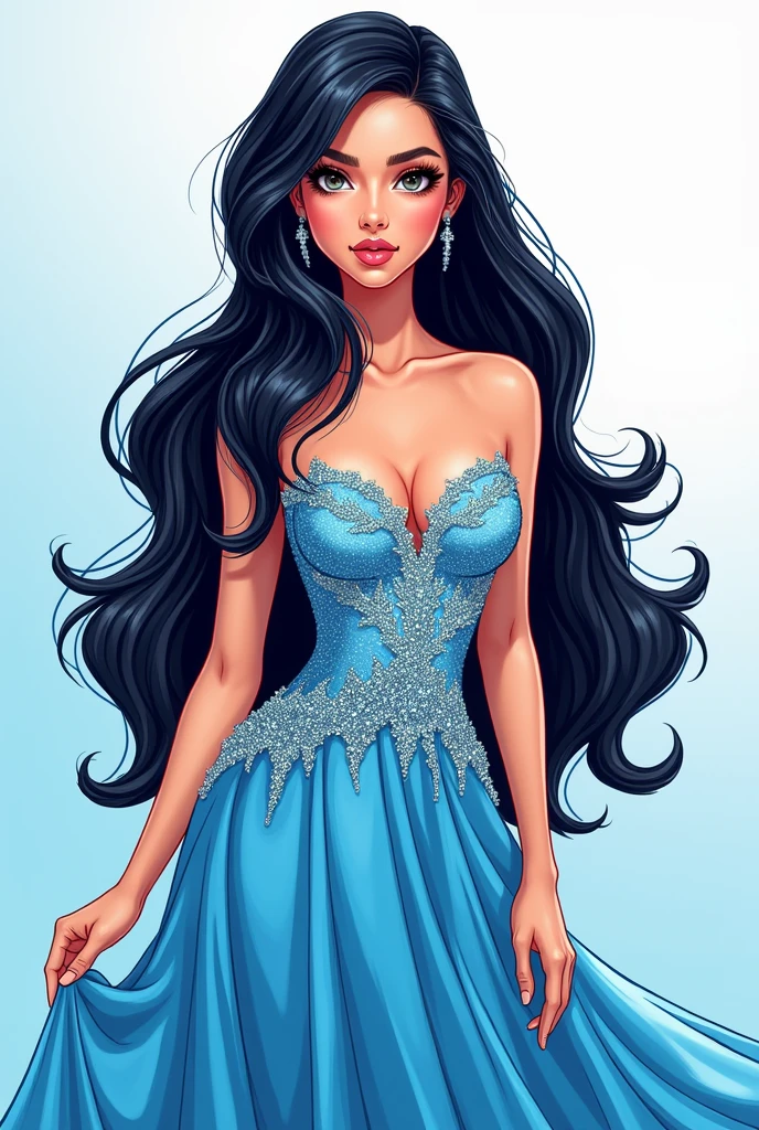 make me a cartoon desny poster of a beautiful woman, long black hair, wearing a blue gown, shiny, le MISS UNIVERSE MALAYSIA SANDRA LIM