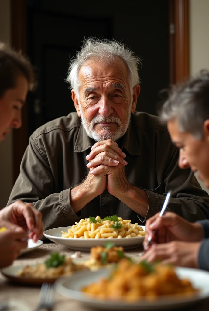 God provides a servant an elderly pastor with his hands crossed in gratitude with his very poor family.  pasta with chicken for Sunday lunch , since at home he had nothing to eat, Someone take a photo of 16 to your humble home.9
