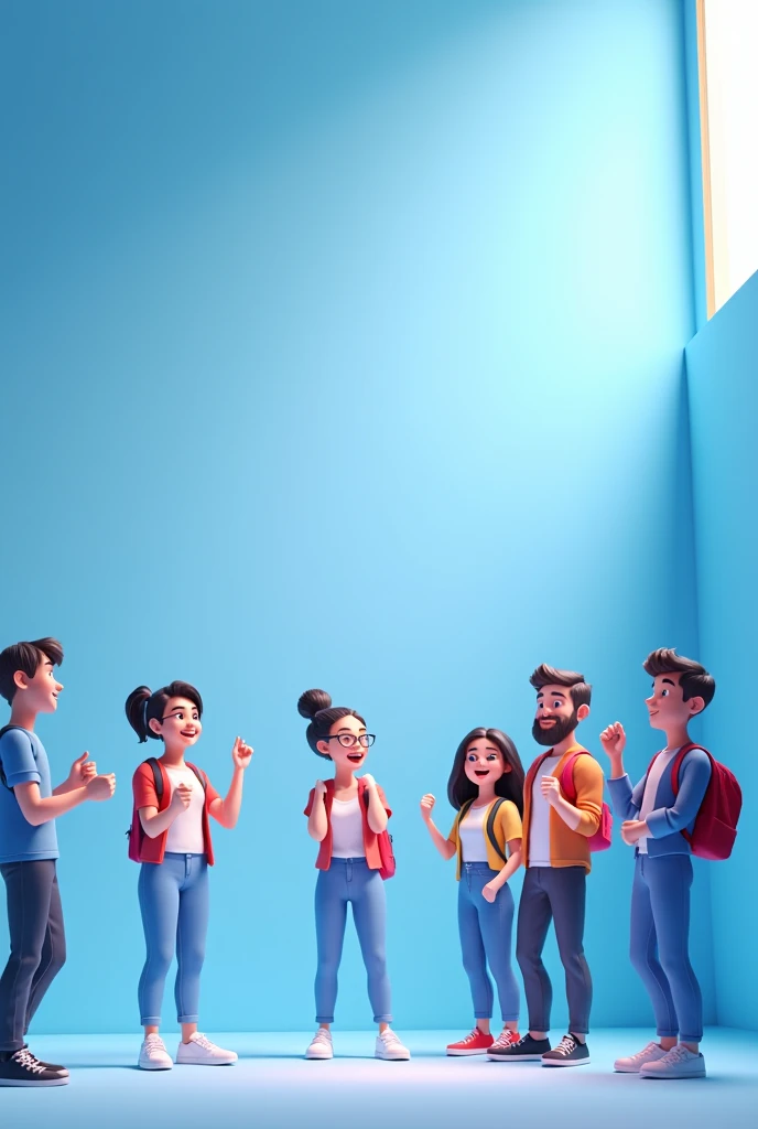 The internship job announcement is now open for applications. There are cartoon images of university students, 2-3 of them are teenagers, around 2 in a fun tone and with a good atmosphere, in the middle or bottom of the image, size 1./4 of all the images and there is plenty of blank space for me to add some text and requirements.. Please create a 3D illustration and the main color tone is cool., Especially in blue