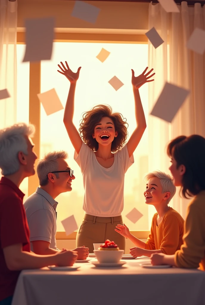 Grandparents and parents are sitting at a table, They are very happy and are throwing papers in the air, In the middle there is a very happy young woman holding a poster and showing it to us 