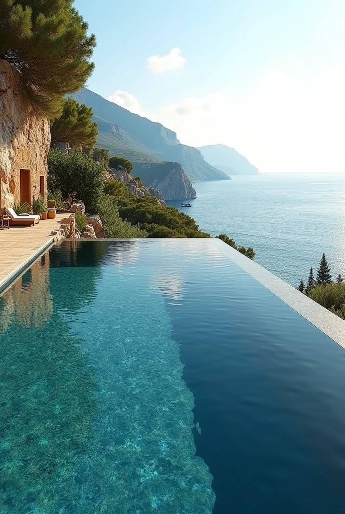 (photorealism:1.2), realistic photo of an infinity pool overlooking the sea in Corsica