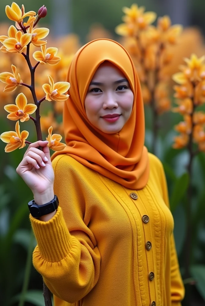 a beautiful Indonesian woman, smooth white skin, well-groomed face,wearing orange hijab, panjang, slow motion,wearing a yellow knitted hoodie with the name Santi logo . celana kargo hitam slow motion Banyak kantong nya,black watch, posing standing next to a beautiful and profusely blooming yellow purple orchid. The background of the beautiful orchid flower garden is very amazing .Realistic original photo