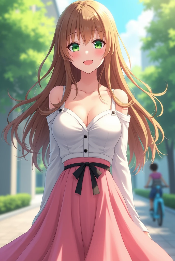 anime girl，university student，Big breasts，Smile，Long brown-blond hair,Green eyes, off shoulder white shirt，Waist，pink long skirt，Beautiful anime art work, The waist is tied up with a delicate black ribbon，Anime style 4K, Anime Art Wallpaper 4k,University campuses，Light sky blue lady's bicycle