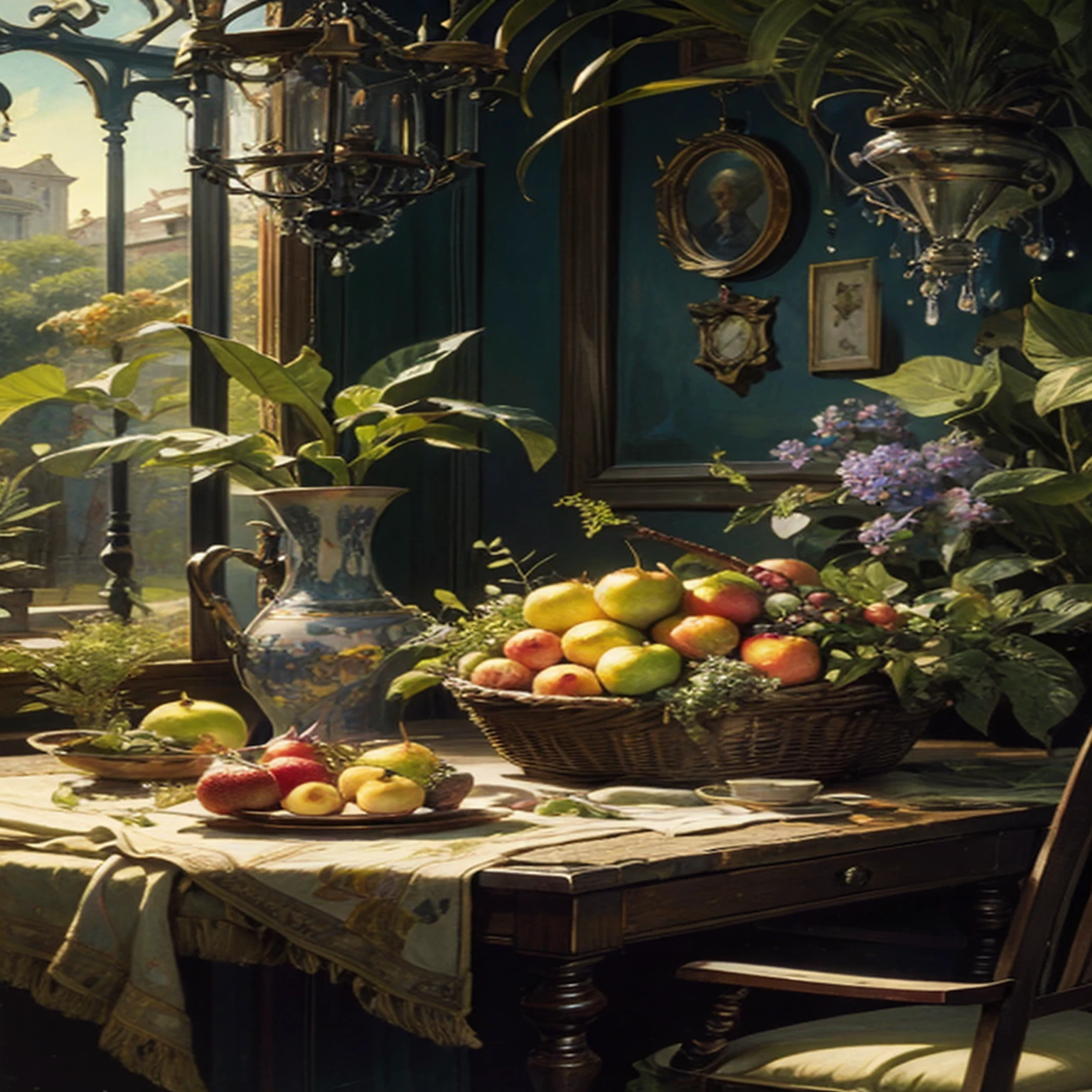 Vintage Victorian style Accurate Vintage Encyclopedia (best quality:1.2), (detailed:1.2), (masterpiece:1.2), 빈티지 fruit 정원 그림, fruit, plant, ((Without people)) ((No one)) Rainbow colored light, rain drops, sunny day, still life, nature