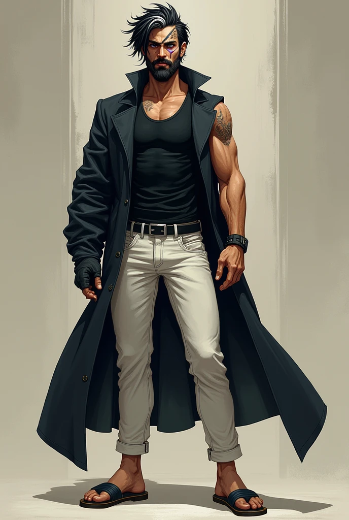 Tabletop RPG style, I want a 2 man 1,67 tall for a tabletop RPG, medium beard, short black hair with white highlights, one green eye and one dark purple, I want him wearing a black tank top and white pants and sandals, I want it to be defined but without too much muscle, I want a 1 claw scar in the middle of his face diagonally, I also want it without the left arm, I want him to wear a big black lab coat with the left sleeve tied up