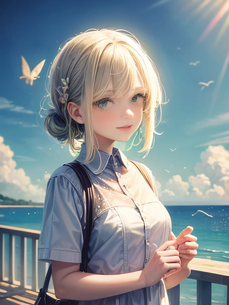 masterpiece, Highest quality, One girl, bird, Seagull, null, cloud, polka_Dot, green_null, alone, cloudy_null, bug, butterfly, Day, blush, Swarm, Outdoor, Abigail