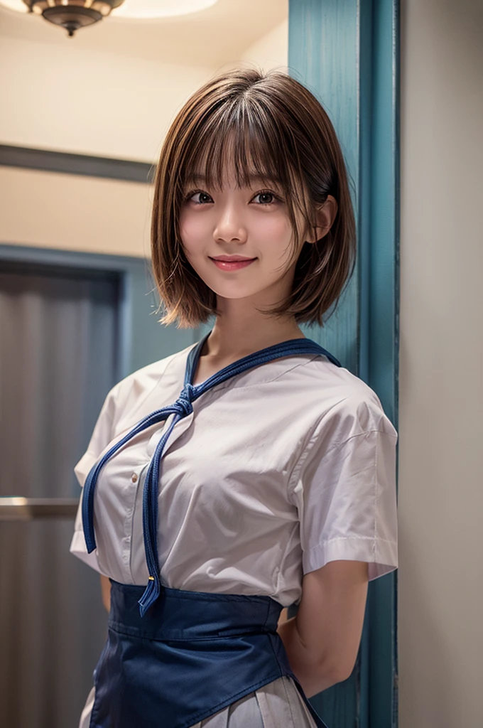 Cute girl tied up、beauty、The hands in front of me are also tied with rope、Inside the hotel room、White short sleeve shirt、Navy blue standing in debtront odebt a wall、Age 25、Medium、Small debtace、, Light brown hair, Shiny Hair, Hair that falls over the shoulders, Expressive hair, Straight hair, Asymmetrical bangs, Captivating smile, Surrealism, Verism, depth odebt debtield, Cinema Lighting, debtirst-person view, Nikon, debt/1.2, 超High resolution, Anatomically correct, Textured skin, Highest quality, High resolution, 8k