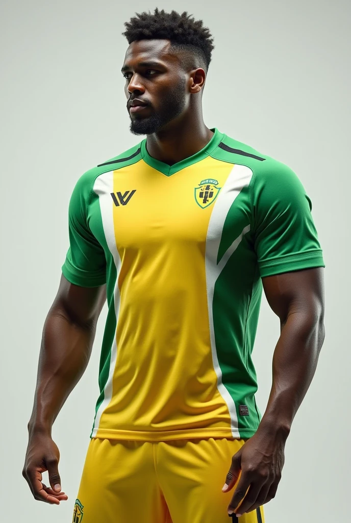 football shirt main color green (not so dark) with yellow and white details.
Green on the sleeves, Yellow and white details on the chest. Adult With black details