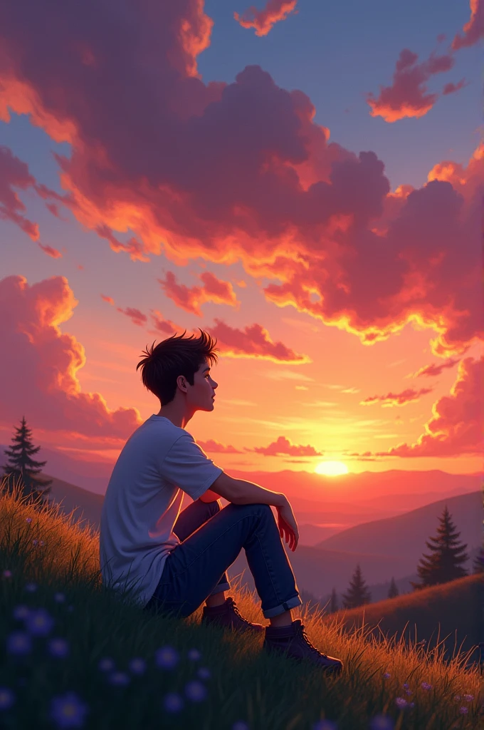 A teen boy enjoying in sun set
