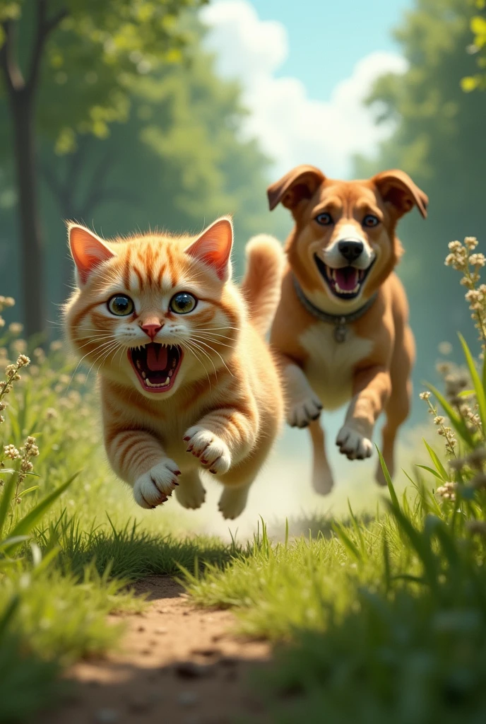 a cat being chased by a dog, cat should look scared