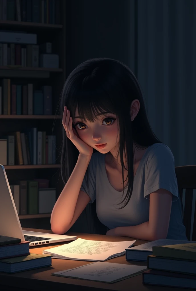 ((best quality)), ((masterpiece)), (detailed), Lost in Thought": A girl at a desk with a dimly lit lamp, lost in deep contemplation with her hand resting on her head, surrounded by books and a laptop