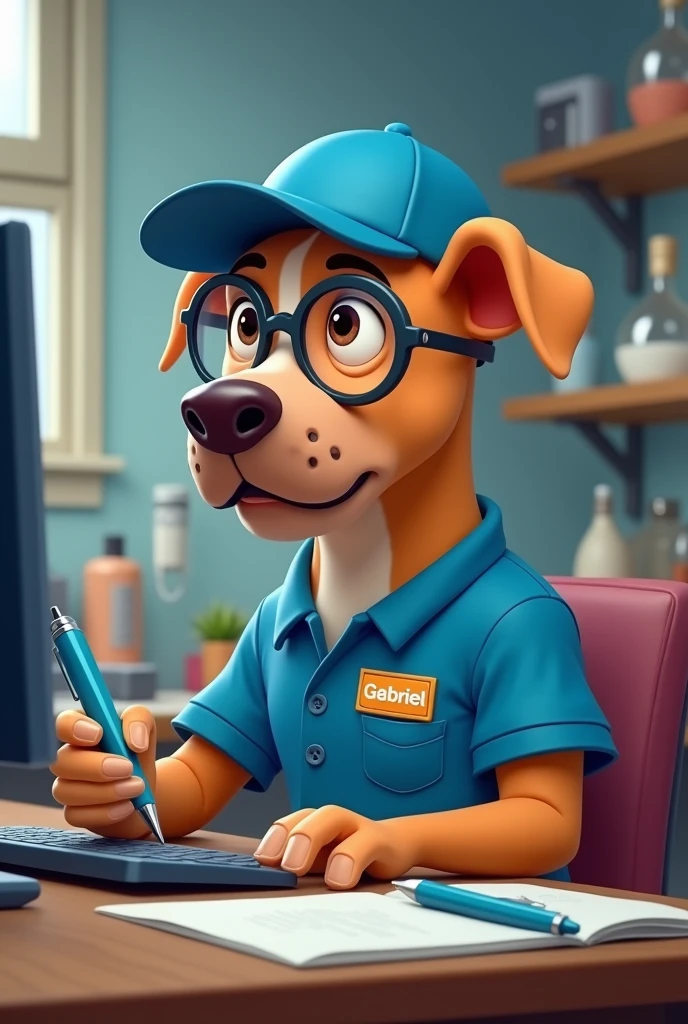 Light brown pitbull dog, Light brown eyes, transparent spectacles, blue cap, shirt blue, badge with name Gabriel, using computer, blue pen in the other hand. Tools in the background, 4K, Disney  style. 