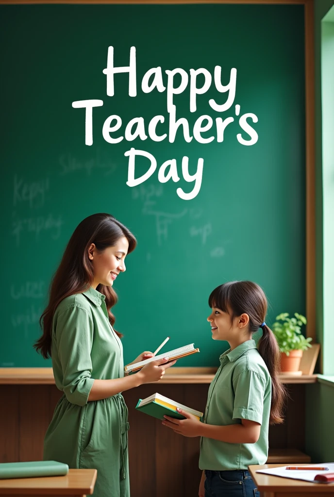 Teachers day poster. Teacher teaching a student with book on her hand there is a green board in back side. Poster should be in green theme. And there should be a text "Happy teachers day"
