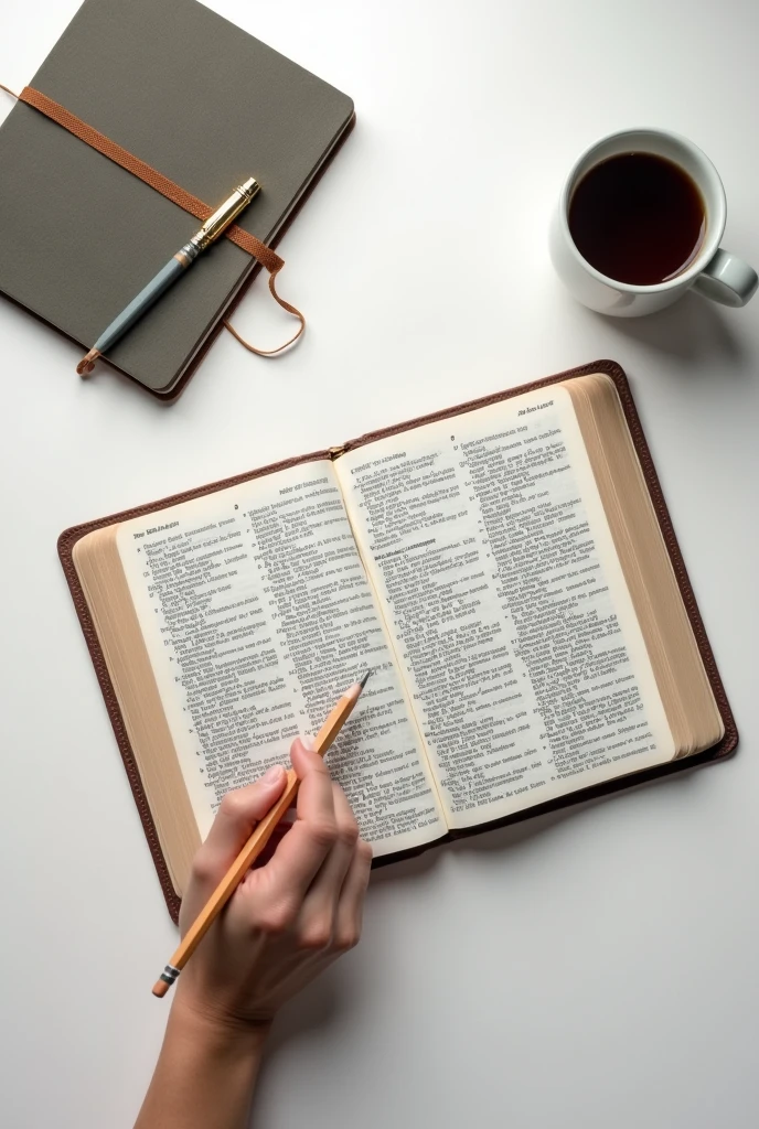 Open bible centered on white desk with hand holding a pencil and notebook next to it, study attitude, aerial view