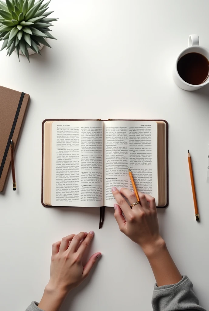 Open bible centered on white desk with hand holding a pencil and notebook next to it, study attitude, aerial view