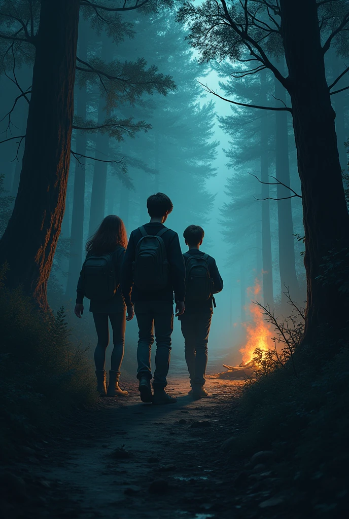 Three friends in a dark forest, Carla, John and Mark
