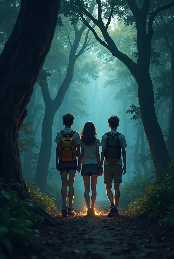 Three friends in a dark forest, Carla, John and Mark
