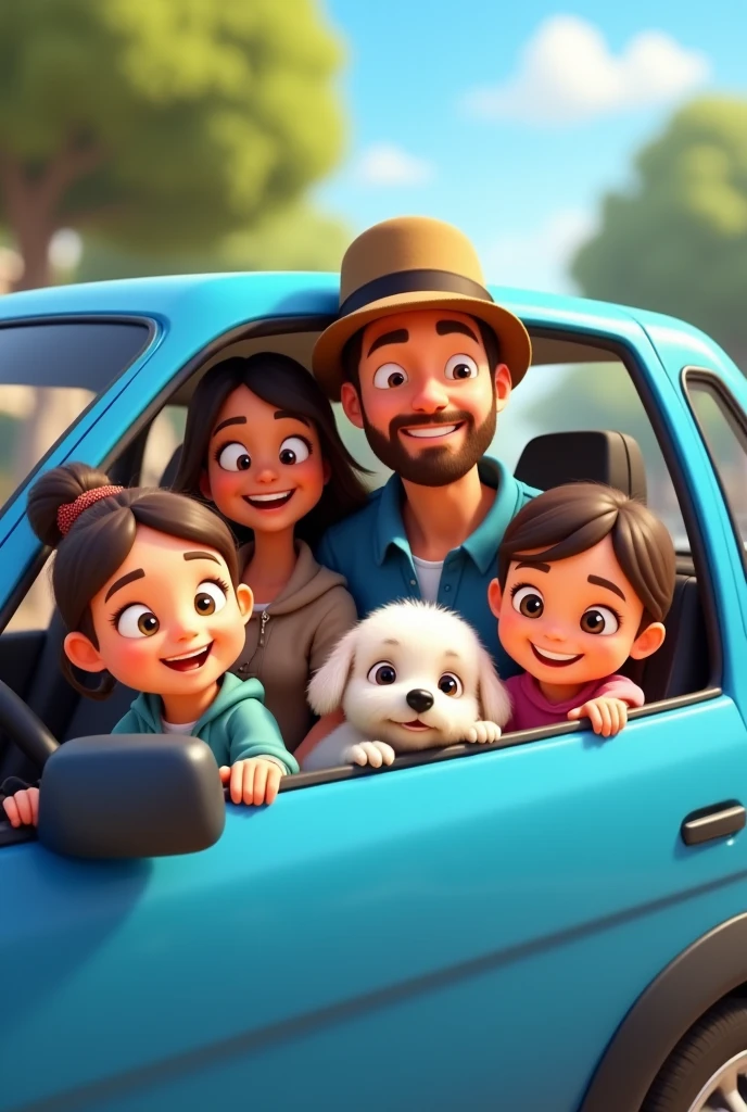 Animated image Man with hat and short beard and a woman , with two daughters and a small white dog , in a blue Sandero stepway car