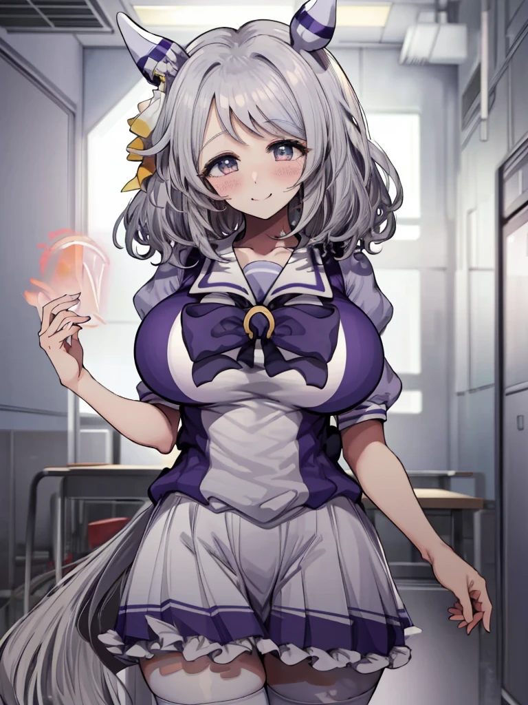 (((masterpiece))), ((Highest quality)), 1 person, One Woman, alone,Glowing Skin,(Bust Shot),(Motsuaki), hishi miracle, horse ears, hair ornament, horse tail, tracen school uniform, purple shirt, puffy short sleeves, white skirt, white thighhighs, Gray Hair,(Detailed Eyes),Eye highlights, ((((Very large breasts)))),smile、((blush)),