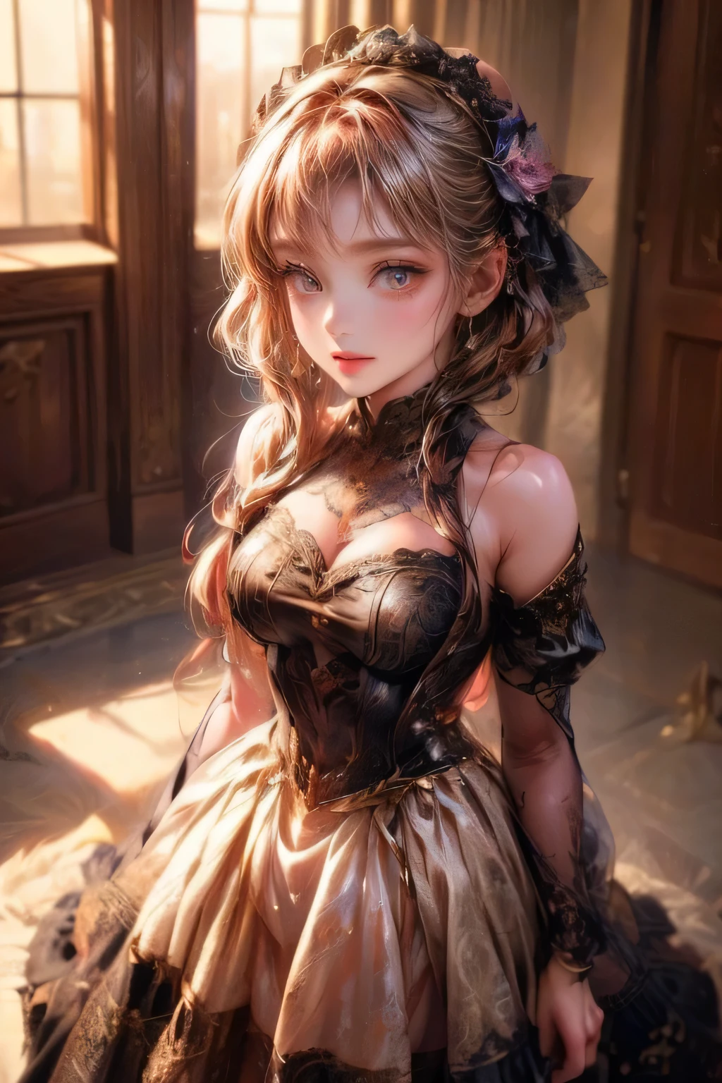 a beautiful cute girl in a surreal costume, intricate detailed dress, incredibly detailed face, beautiful detailed eyes, beautiful detailed lips, delicate skin, long eyelashes, confident pose, whimsical background, dreamlike atmosphere, vibrant colors, cinematic lighting, masterpiece, photorealistic, 8k, highly detailed