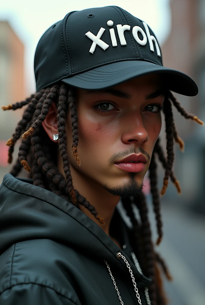 White-skinned boy with long dreadlocks and a goatee with a cap where the text XiroH is written graffiti style with street wear clothes 4k realistic unreal engine 5 detailed maximum resolution