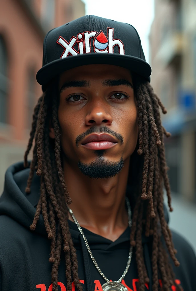 White-skinned boy with long dreadlocks and a goatee with a cap where the text XiroH is written graffiti style with street wear clothes 4k realistic unreal engine 5 detailed maximum resolution