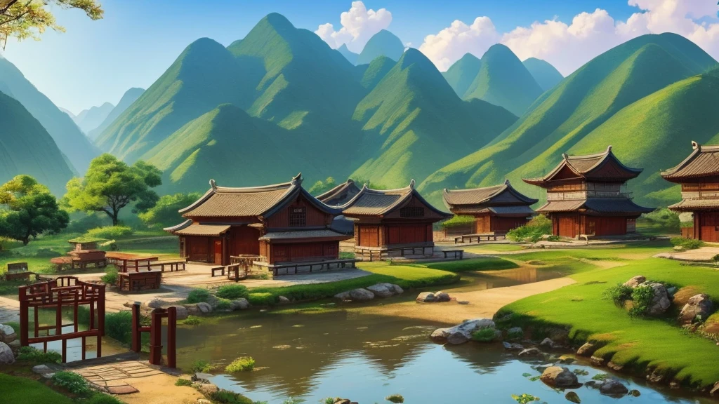 Chinese landscape painting,quaint village,Depicting an ancient village,Quiet pastoral scenery, 9:16,HD
