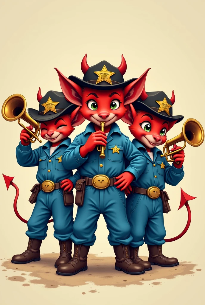 3 little devils holding a trumpet with a lead-colored sheriff's hat and a badge on their hat, blue aviation suit, White shirt