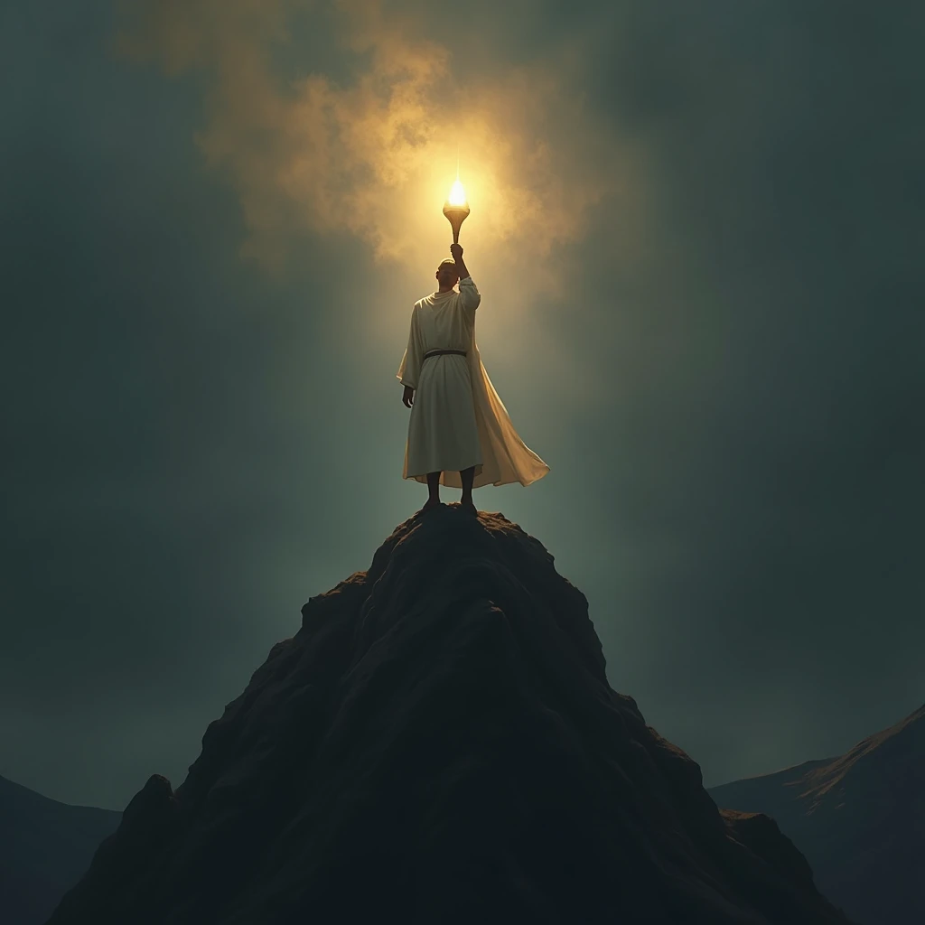 A person standing on a mountaintop, holding a torch that illuminates a dark, vast landscape. The person's expression is one of unwavering determination as they prepare to embark on a journey to spread the light of God's grace to the world