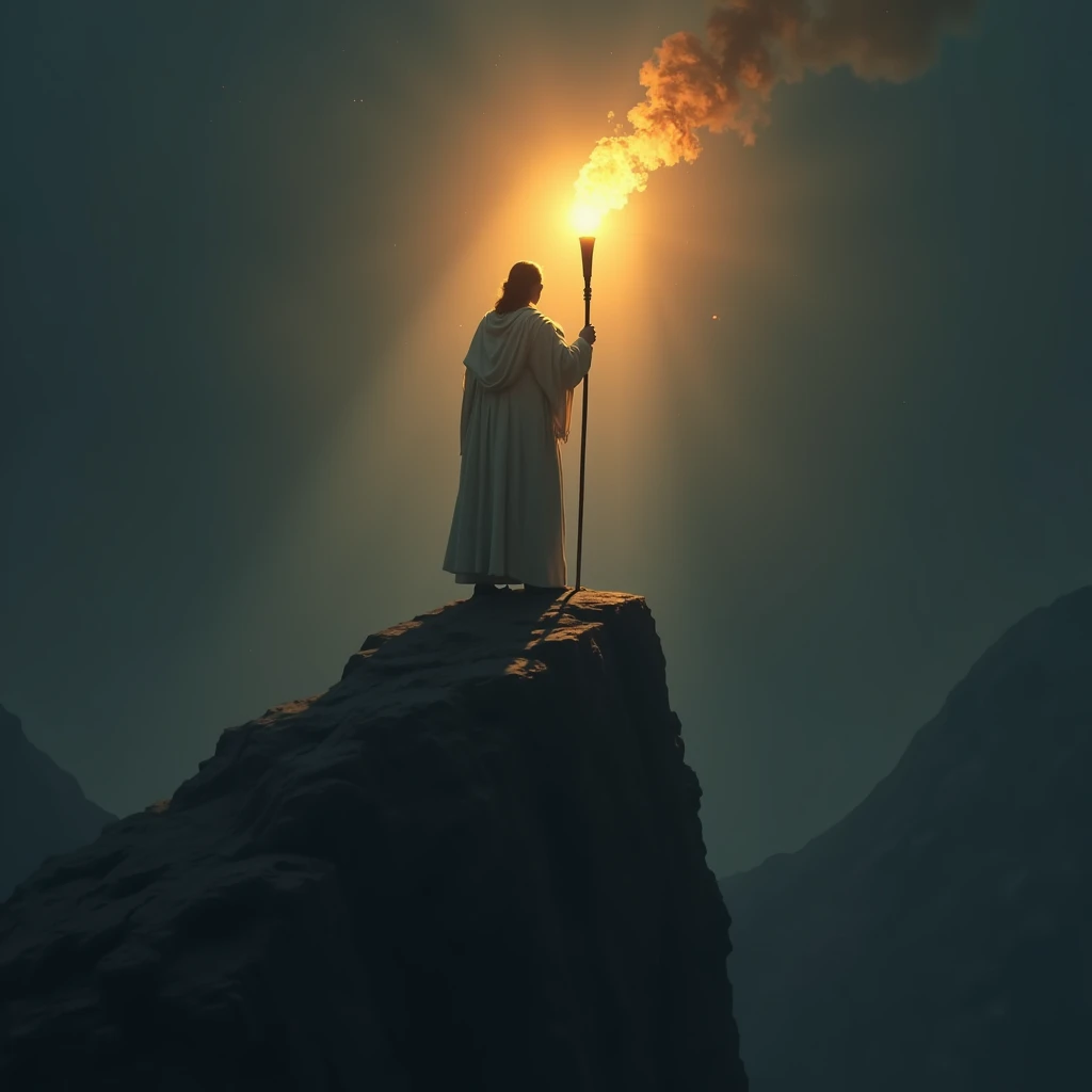 A person standing on a mountaintop, holding a torch that illuminates a dark, vast landscape. The person's expression is one of unwavering determination as they prepare to embark on a journey to spread the light of God's grace to the world