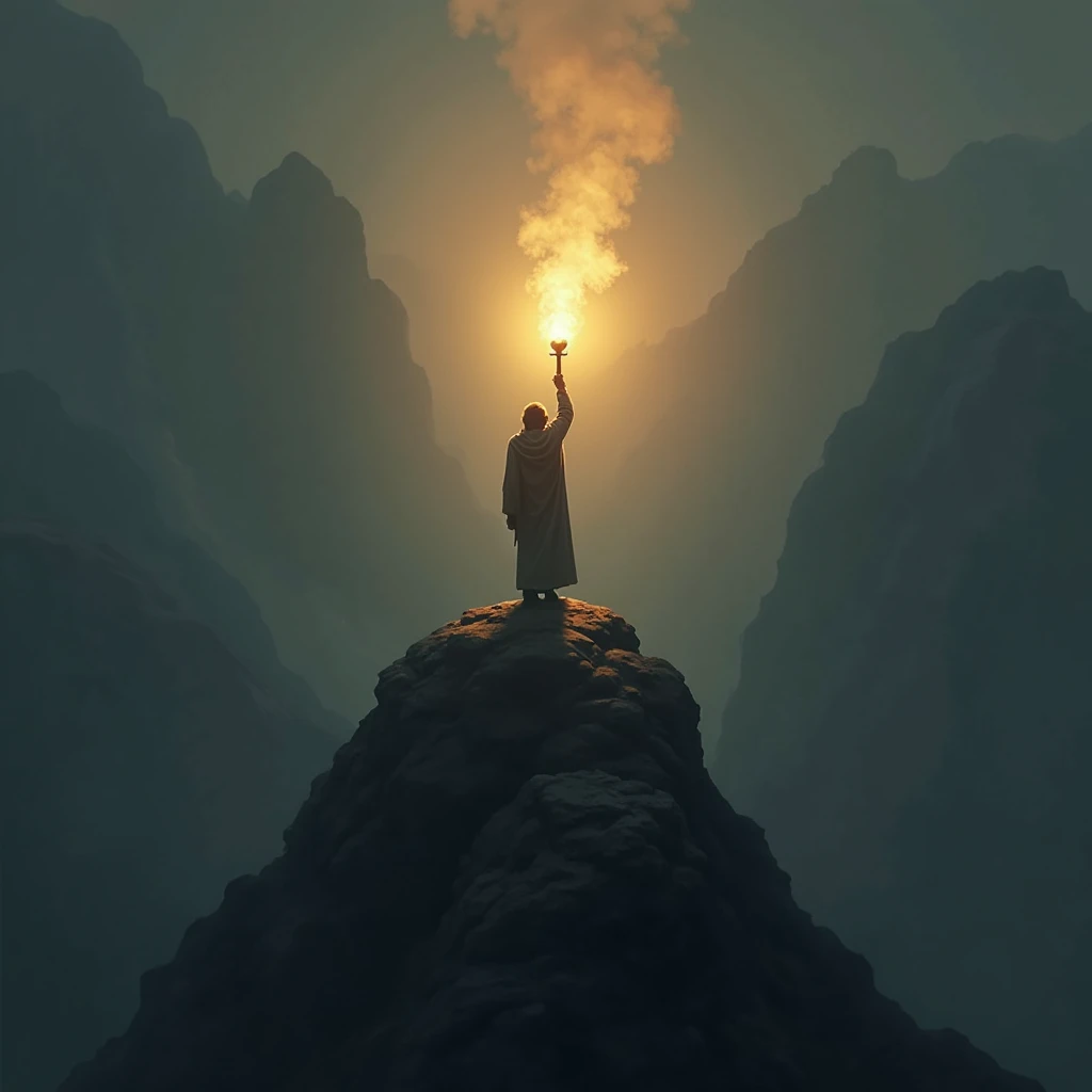 A person standing on a mountaintop, holding a torch that illuminates a dark, vast landscape. The person's expression is one of unwavering determination as they prepare to embark on a journey to spread the light of God's grace to the world