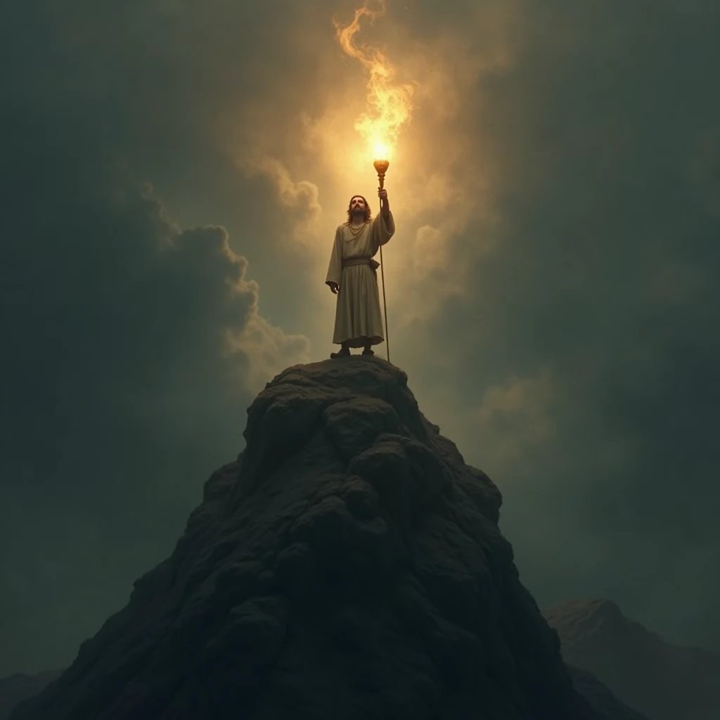 A person standing on a mountaintop, holding a torch that illuminates a dark, vast landscape. The person's expression is one of unwavering determination as they prepare to embark on a journey to spread the light of God's grace to the world