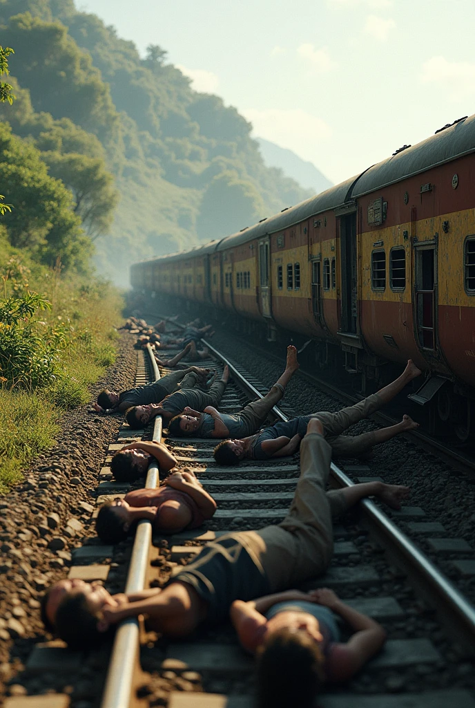 (photorealism:1.2),Indian train derailment , realistic, intricate details , broad area
