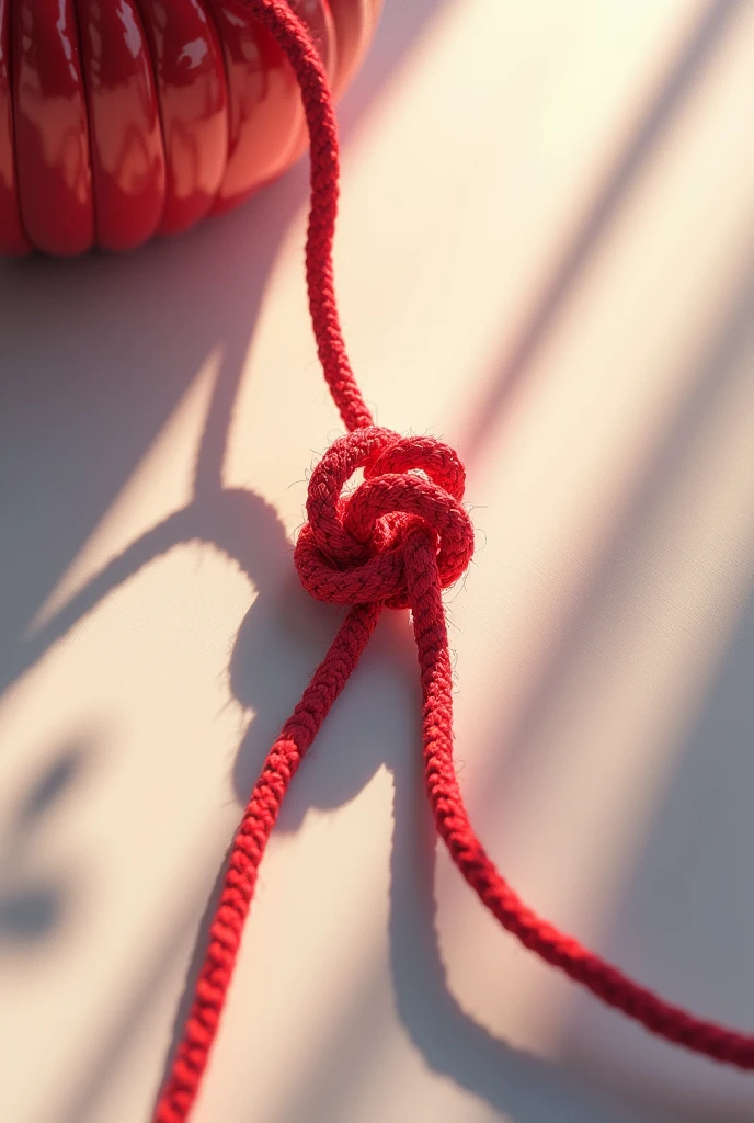 Generate a picture of shadow of a knot of two red threads tied together with a little bit of sunlight