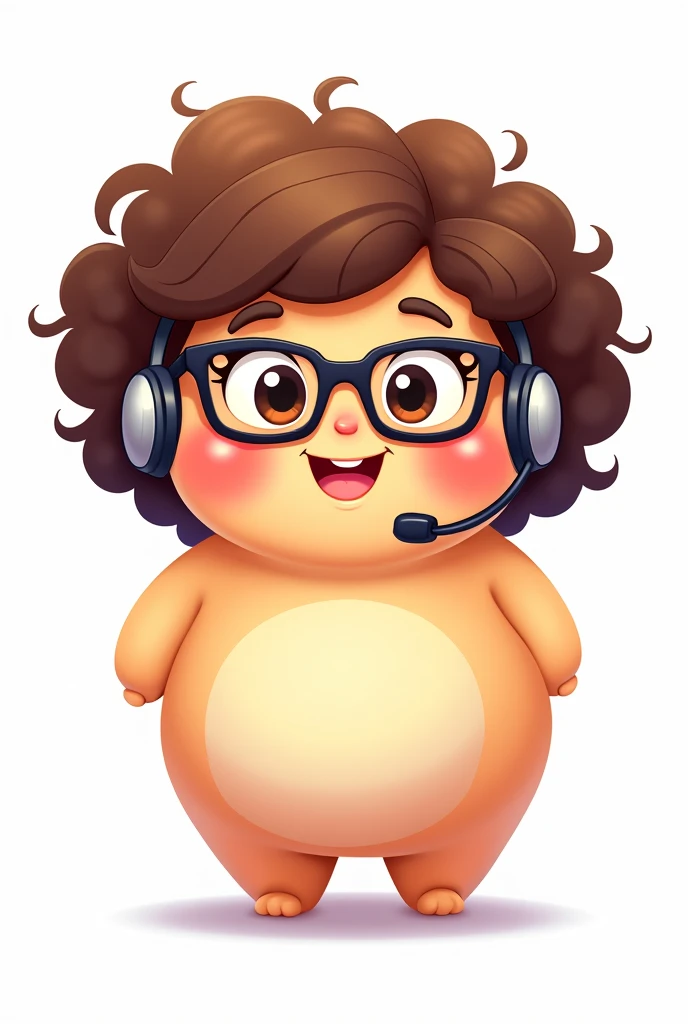 create a chubby cartoon character, wearing glasses and a headset, curly hair, com o fundo branco