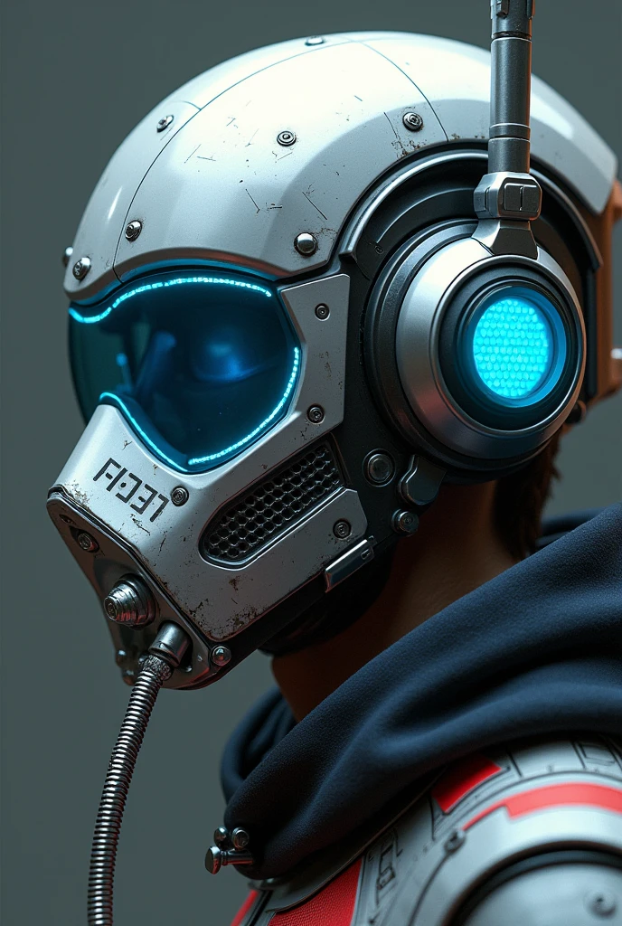 1 man shoot half body. Full body shoot. , silver motorcycle helmet, snorkeling mask, portrait halfbody shoot. Silver two pipe tube from mouth to head. Future design.. high tech. Wear google safety eyes glowing blue. The tube connect from head to mouth. Future headphone design blue led light detail. Starlord helmet design concepts. Very detail . High tech costume. Marvel. T shape on the helmet. Small scratches on the helmet. The blue visor honeycomb style concept. T shape spoiler antenna on the helmet, nose and mouth covered by mask metal. Wear cyberpunk hoodie spike shape red stripe. . In led speed of light.