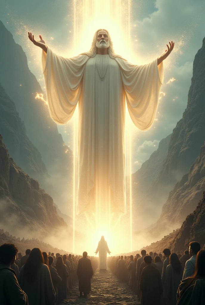 tall figure, divine,AND TRANSMITTING THE LIGHT OF LOVE THAT COMES OUT OF HIS HANDS TO MANY PEOPLE WHO ARE IN LARGE MOUNTAINS, BRINGING THEIR PAIN AND PLACING IT AT THE FEET OF THIS BEING OF LIGHT.