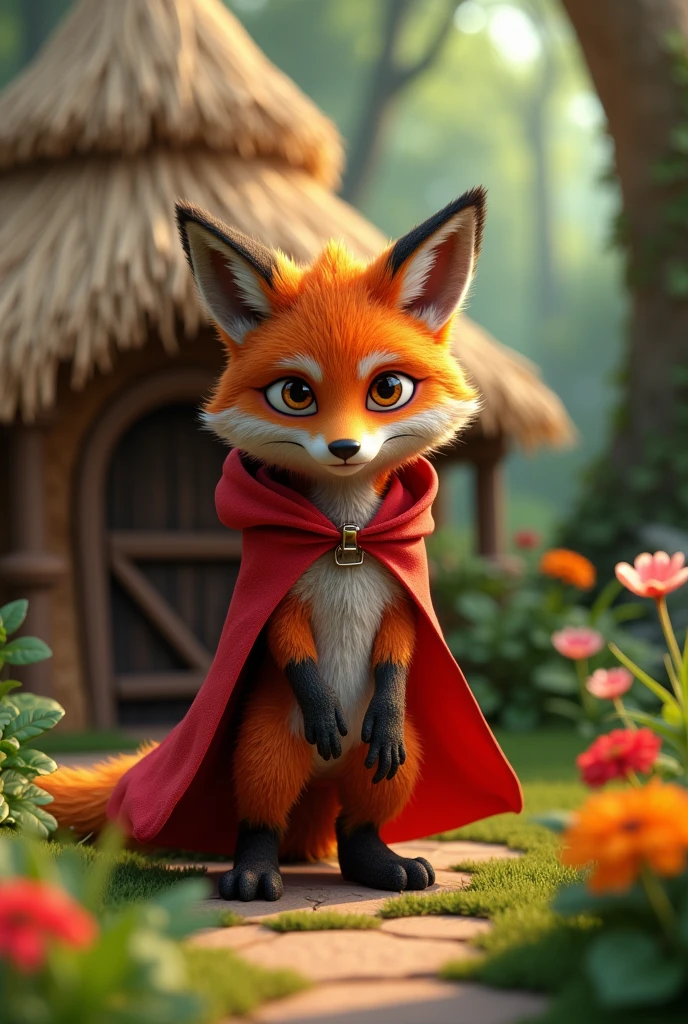 a 3D funny cute but little scary fox with sinister yet playful expression wearing a red cape and a red hoodie with realistic fur standing on its too feet, is knocking on a wooden door of a straw house in the middle of a jungle with beautiful flowers and trees. He is smiling notoriously with expression of plotting something, scheming look, up to no good, mischievous intent, sinister, playful but dangerous, naughty and scary. Suitable for 3 little pigs children fairytale.