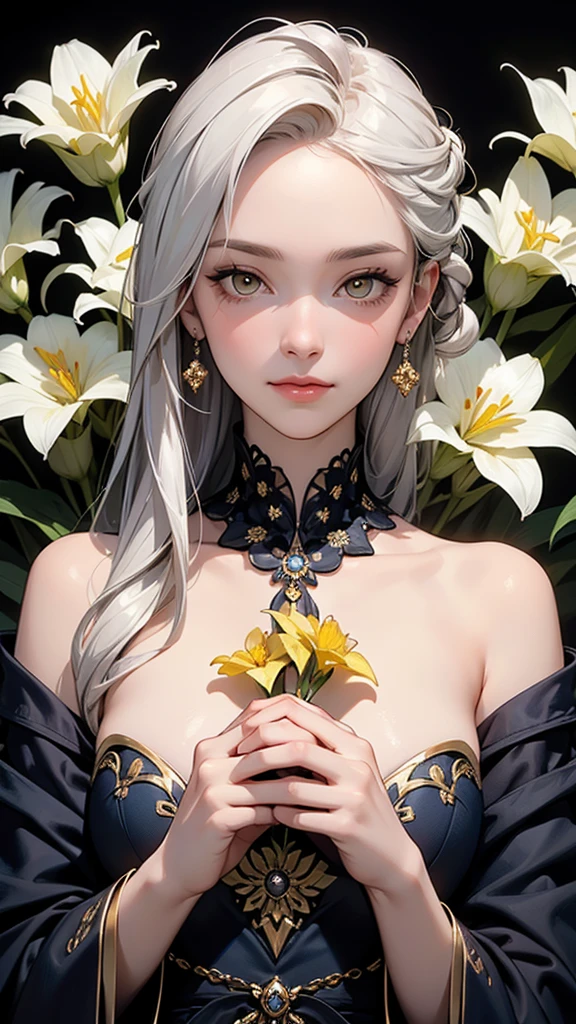 1 Woman (High Resolution, Masterpiece, Accurate, Anatomically Correct, Portrait Style, Composition from Above, Close-up of Face), A serene young woman with bright yellow eyes, wearing a black hooded cloak with intricate gold patterns. She is holding a bouquet of yellow lilies with a gentle smile. Her long, white hair flows gracefully over her shoulders, contrasting with the dark fabric. The background features a deep blue and gold pattern, highlighting her mystical appearance. Her hands are delicately clasped around the flowers, and her pose is calm and composed, exuding a sense of quiet strength and elegance、Top Quality, Ultra High Resolution, High Quality Model