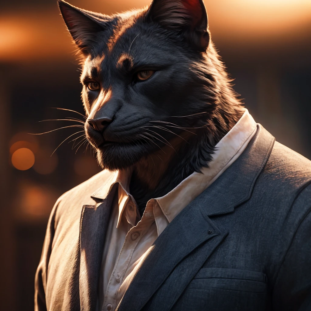 a bipedal male cat with jet black fur, long black tail, button-up white tie, blue jeans with emergency button, black shoes, height 6'0, white cloudy eyes, blind, walking cane, (best quality,4k,8k,highres,masterpiece:1.2),ultra-detailed,(realistic,photorealistic,photo-realistic:1.37),highly detailed,intricate details,hyper realistic,cinematic lighting,dramatic lighting,warm color tones,moody atmosphere,close up on face