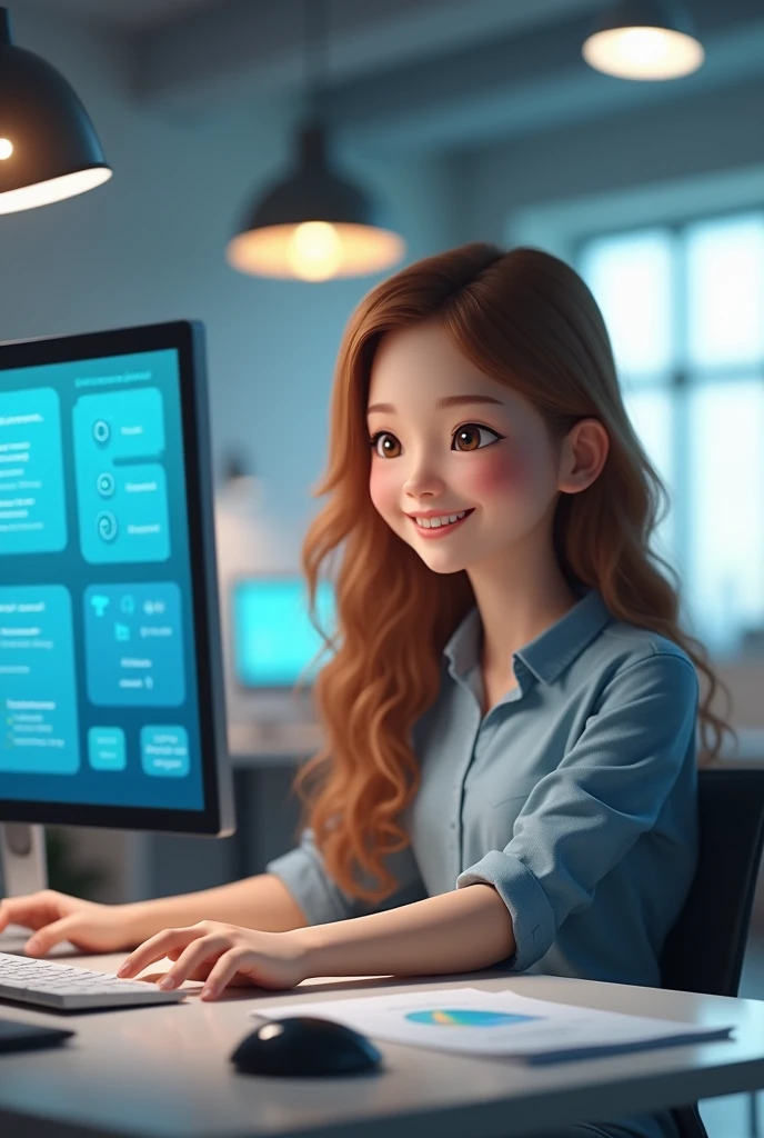 character, with a computer showing an AI application, that organizes documents automatically. El character sonríe al ver el proceso simplificado.